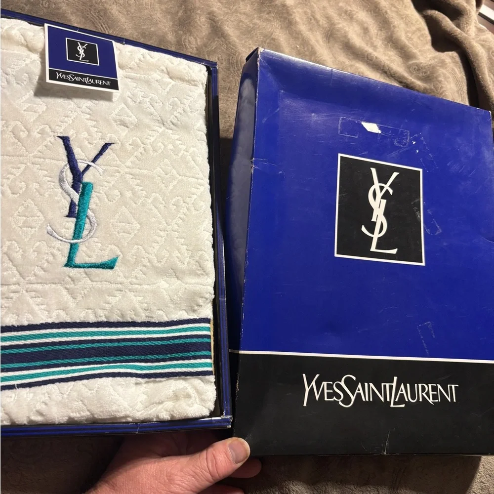 Yves Saint Laurent White Towel with Blue and Teal Stripes. New in the box